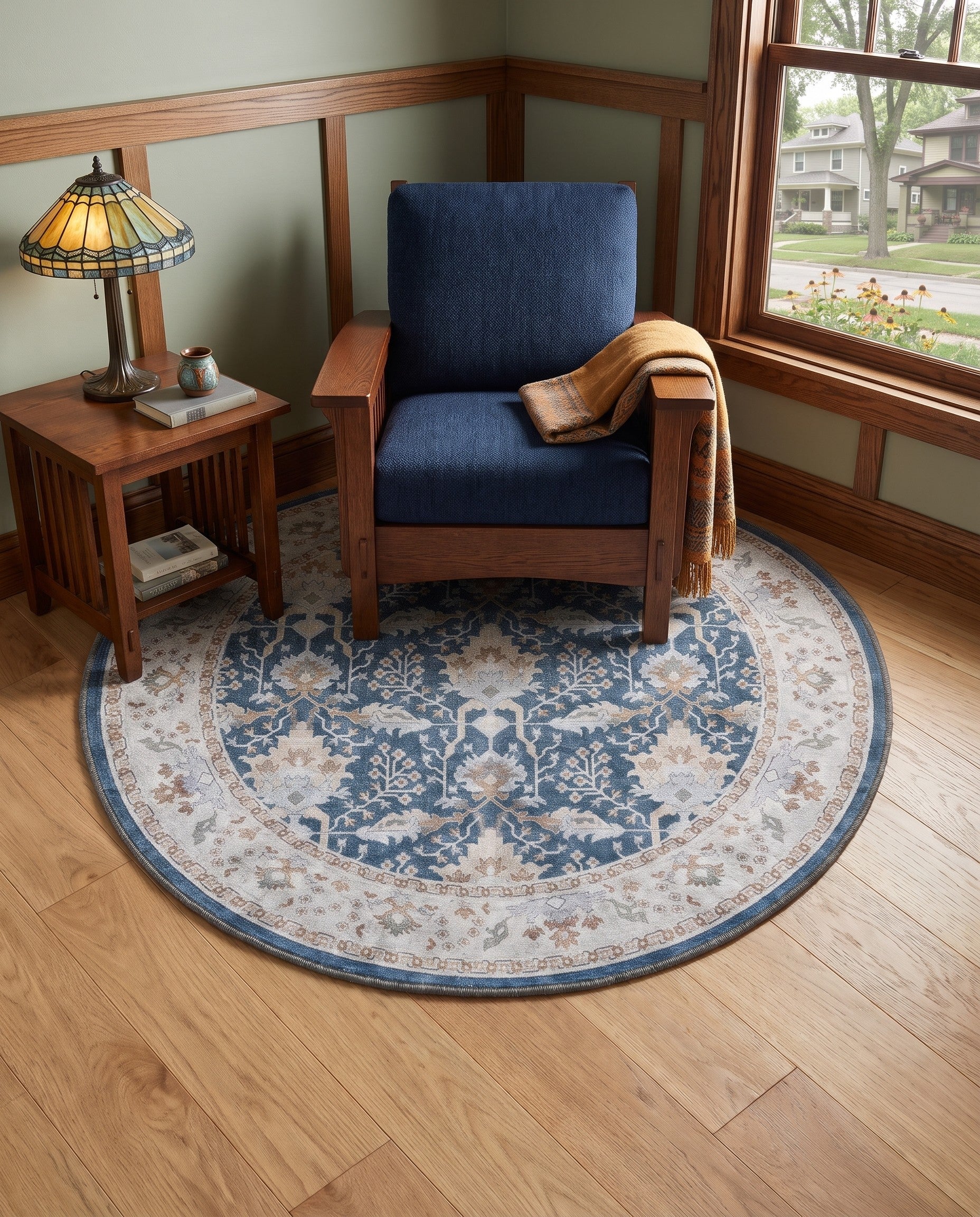 Navy Blue Washable Timeless Foxglove Round Rug
