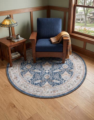 Navy Blue Washable Timeless Foxglove Round Rug