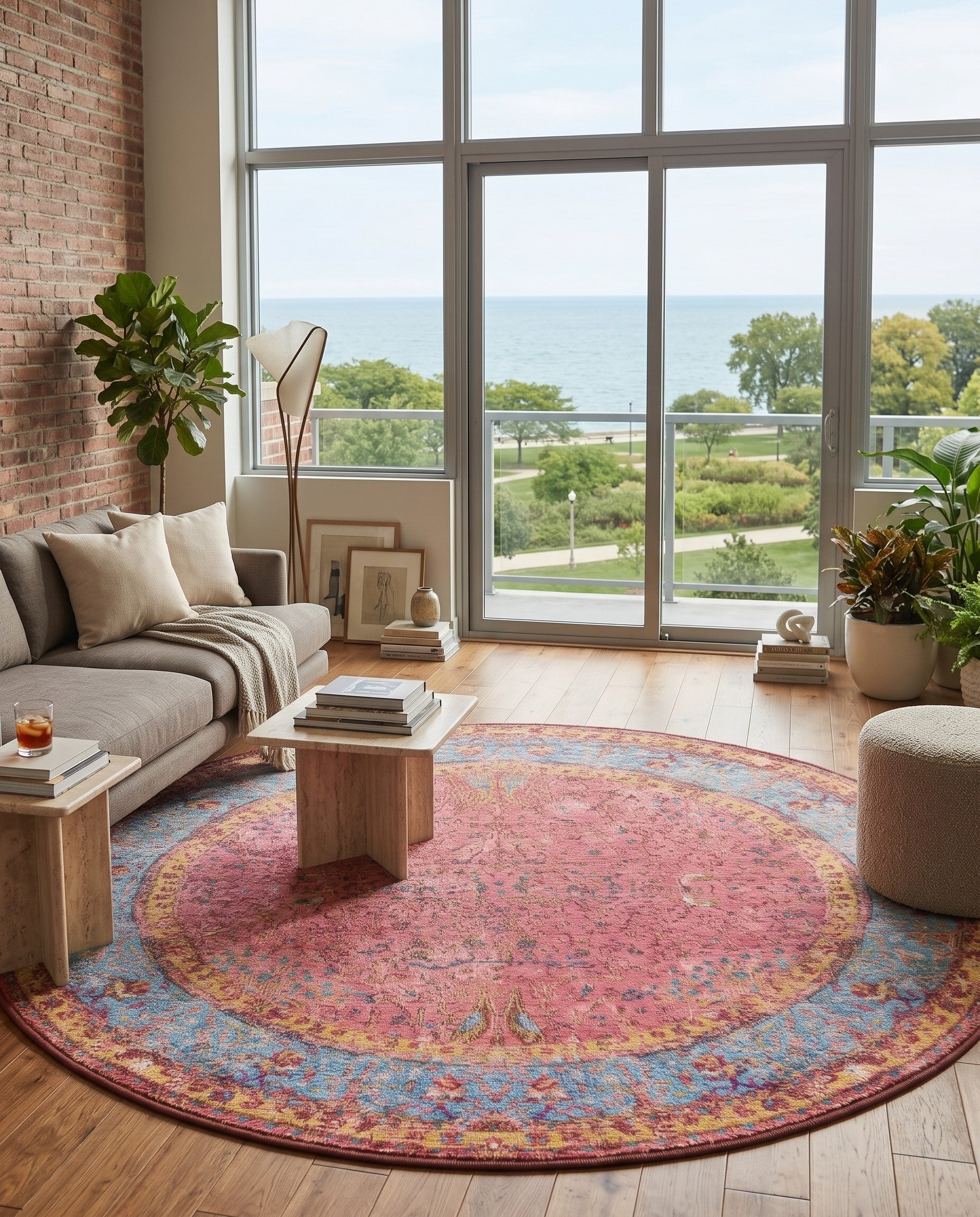 Vintage Salmon Coral Easy-Clean Traditional Indoor / Outdoor Round Rug