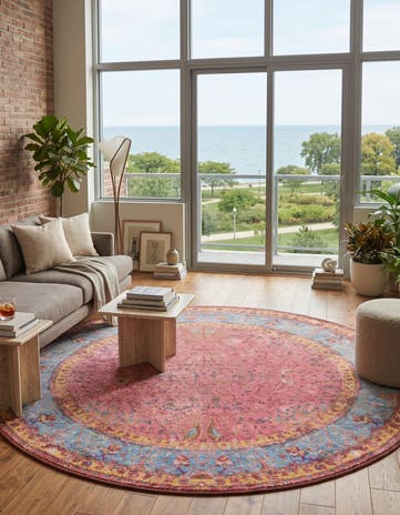 Vintage Salmon Coral Easy-Clean Traditional Indoor / Outdoor Round Rug