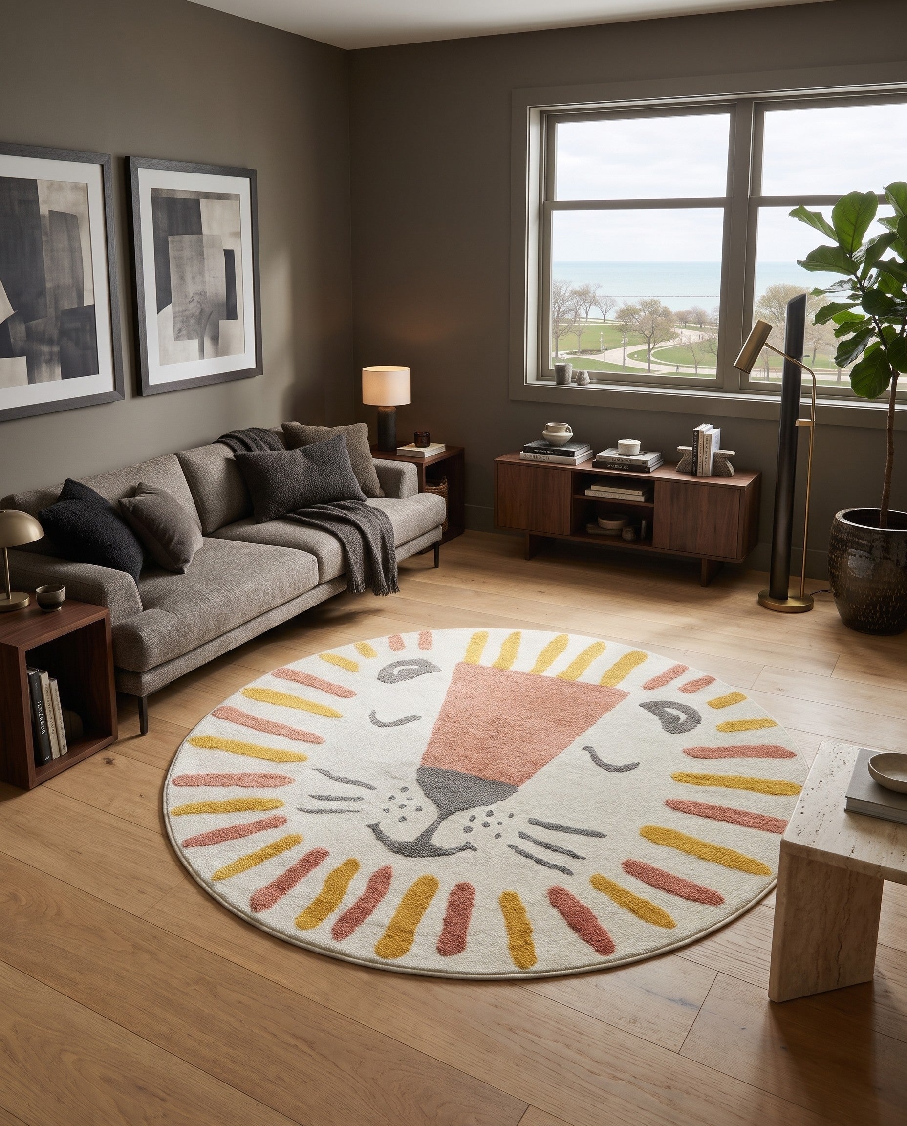 Ivory Lion Whimsy Kids Round Rug