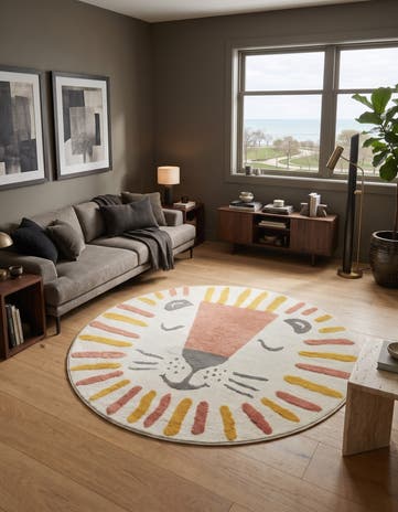 Ivory Lion Whimsy Kids Round Rug