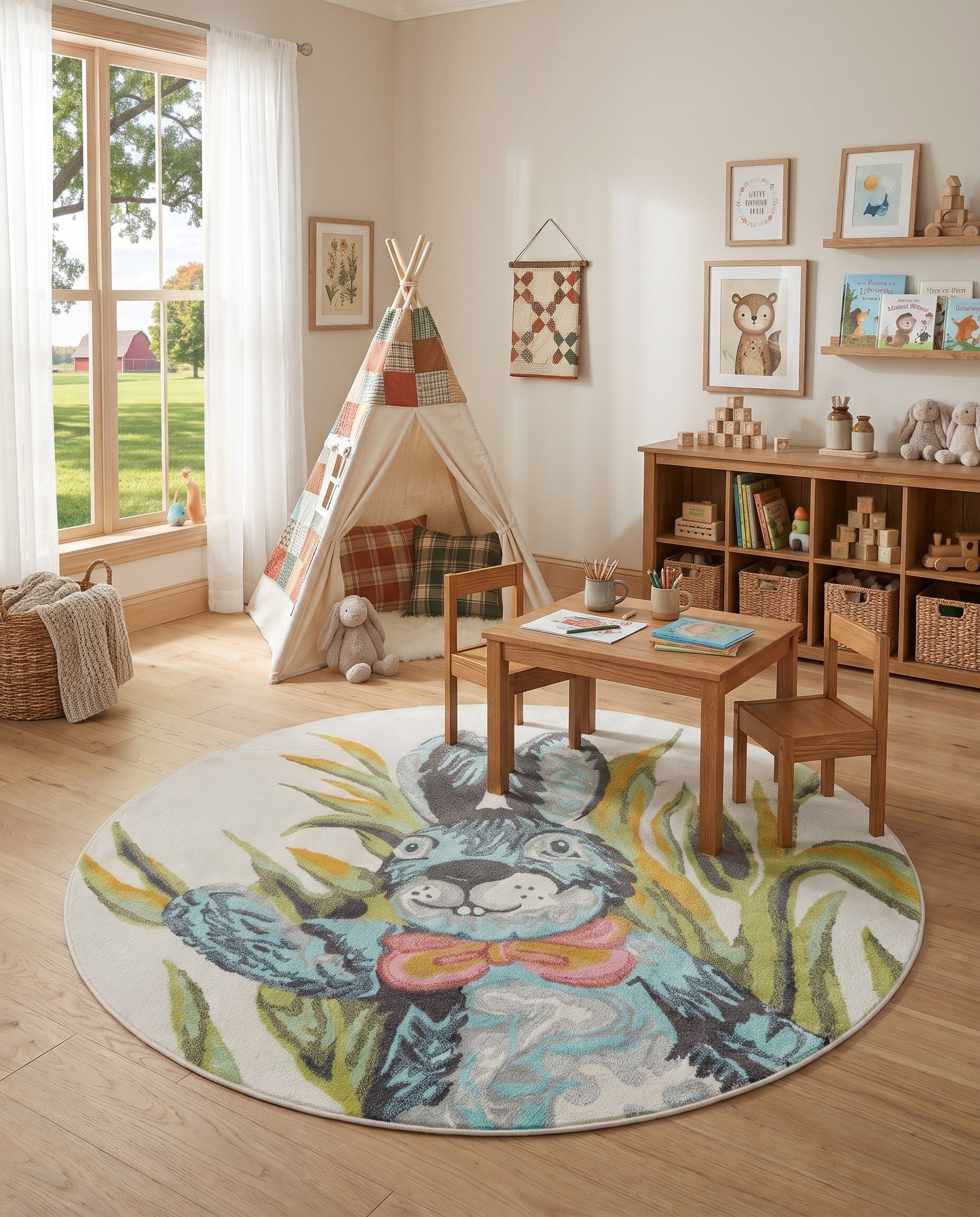 Ivory Rabbit Whimsy Kids Round Rug