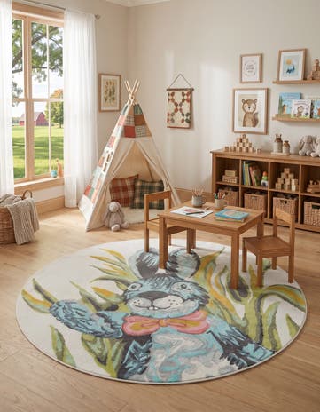 Ivory Rabbit Whimsy Kids Round Rug