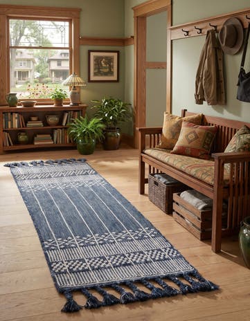 Navy Blue Easy-Clean Eco Bohemian Indoor / Outdoor Runner Rug