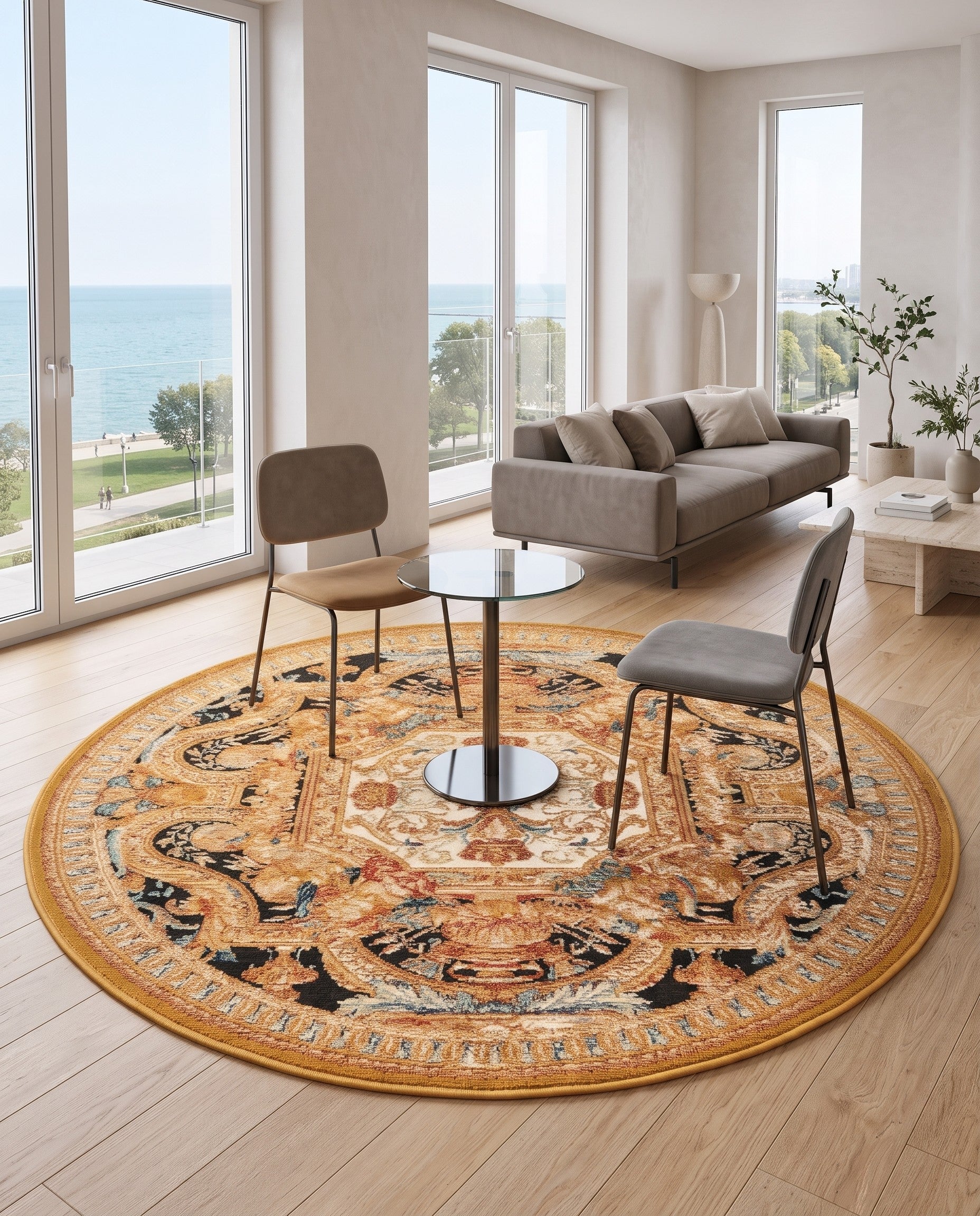 Black Gold Brown Easy-Clean Traditional Indoor / Outdoor Round Rug