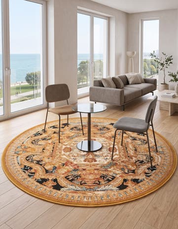 Black Gold Brown Easy-Clean Traditional Indoor / Outdoor Round Rug