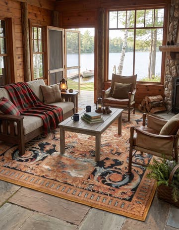Black Gold Brown Easy-Clean Traditional Indoor / Outdoor Rug