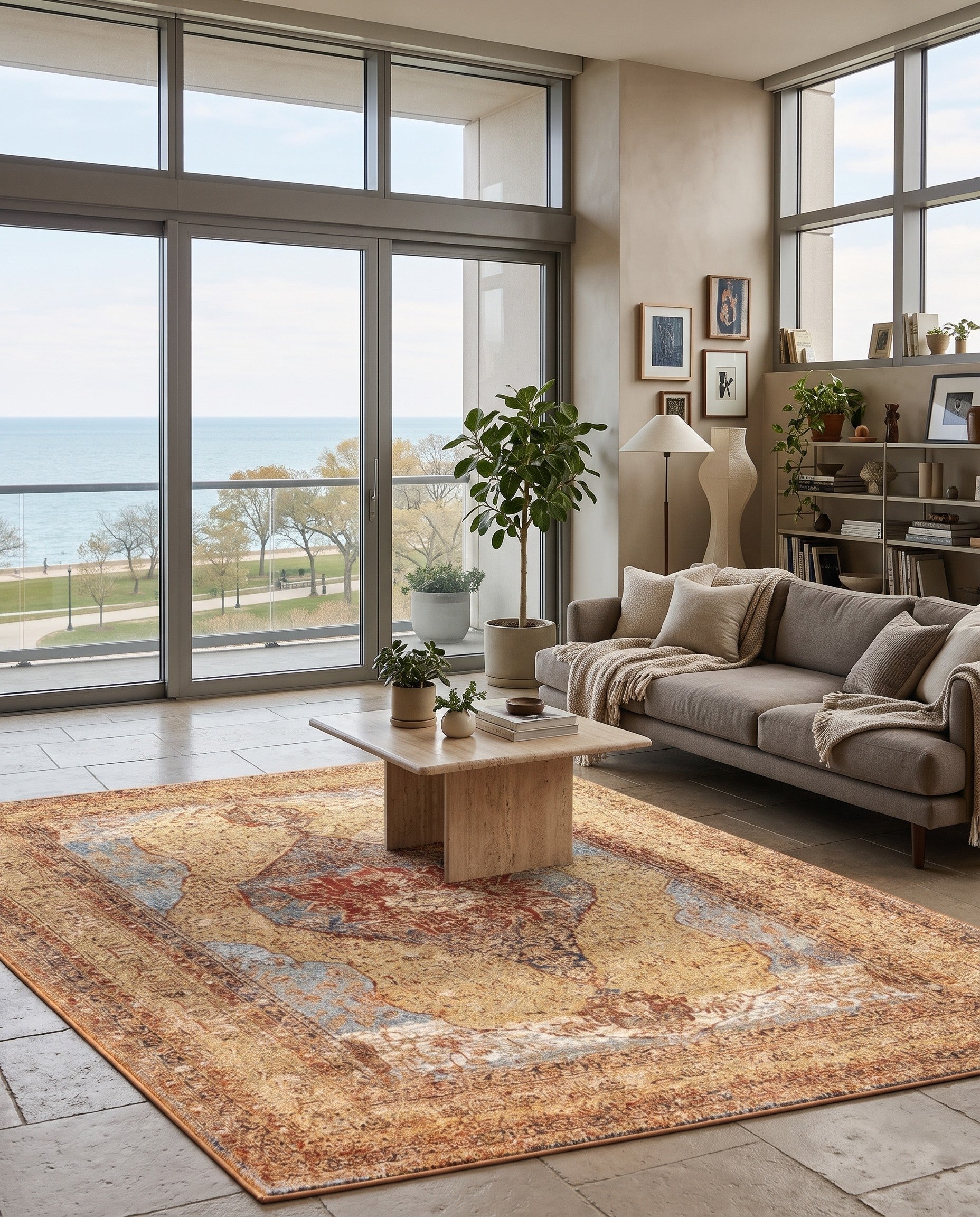 Blue and Light Brown Easy-Clean Traditional Indoor / Outdoor Rug