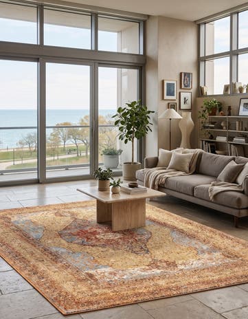 Blue and Light Brown Easy-Clean Traditional Indoor / Outdoor Rug