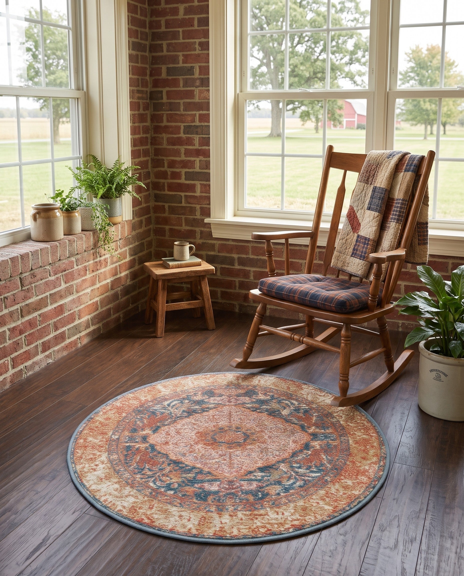 Navy Blue and Light Pink Easy-Clean Traditional Indoor / Outdoor Round Rug