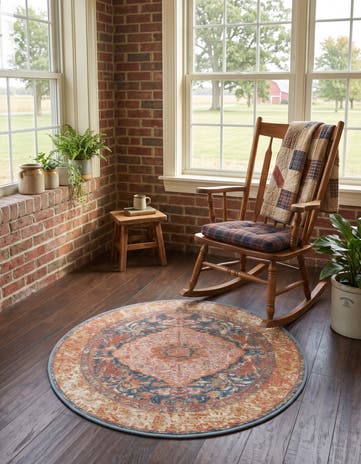 Navy Blue and Light Pink Easy-Clean Traditional Indoor / Outdoor Round Rug