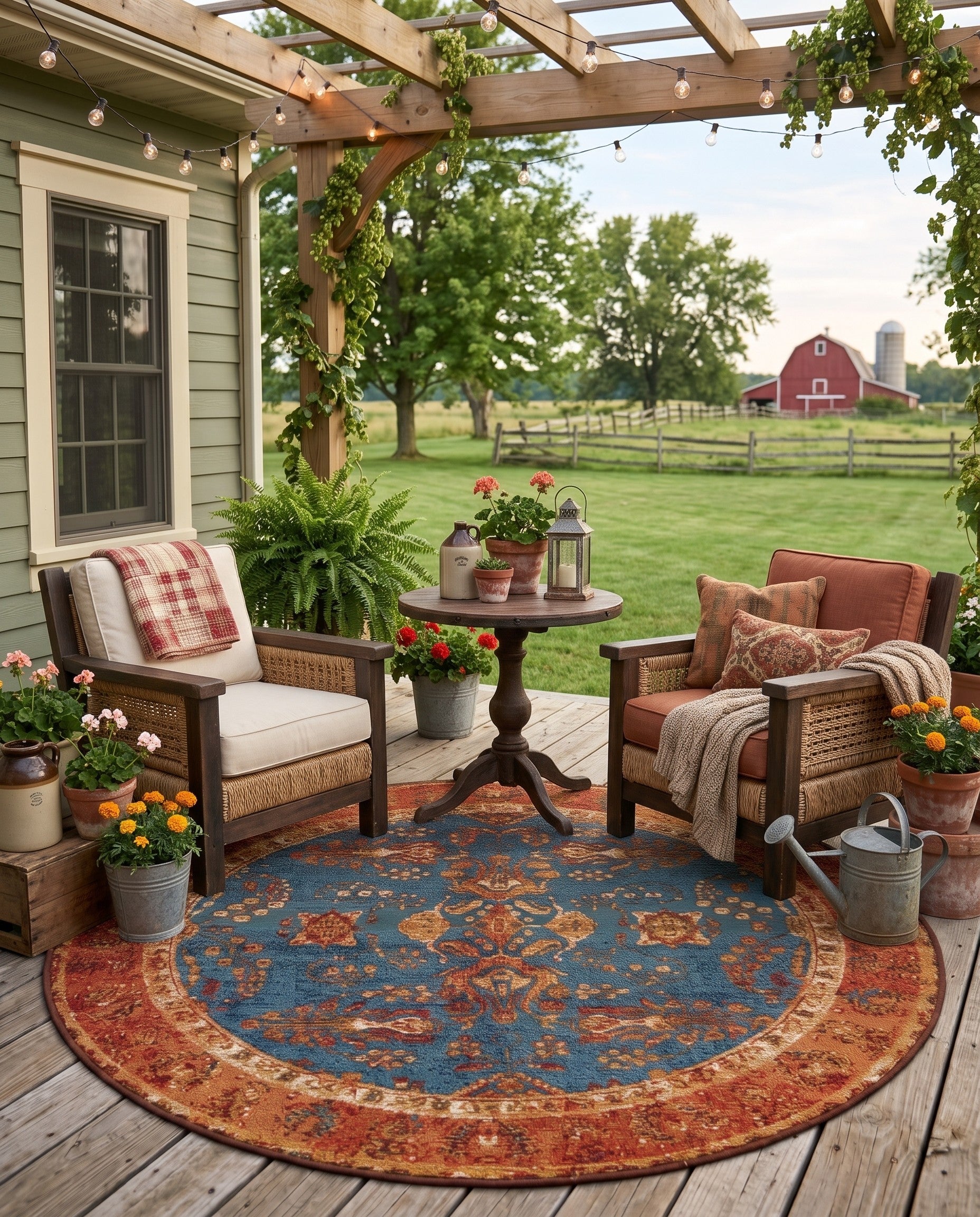 Navy Blue Easy-Clean Traditional Indoor / Outdoor Round Rug