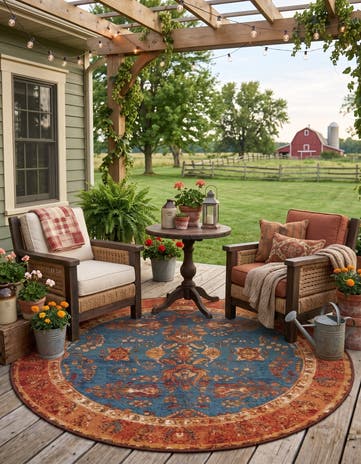Navy Blue Easy-Clean Traditional Indoor / Outdoor Round Rug