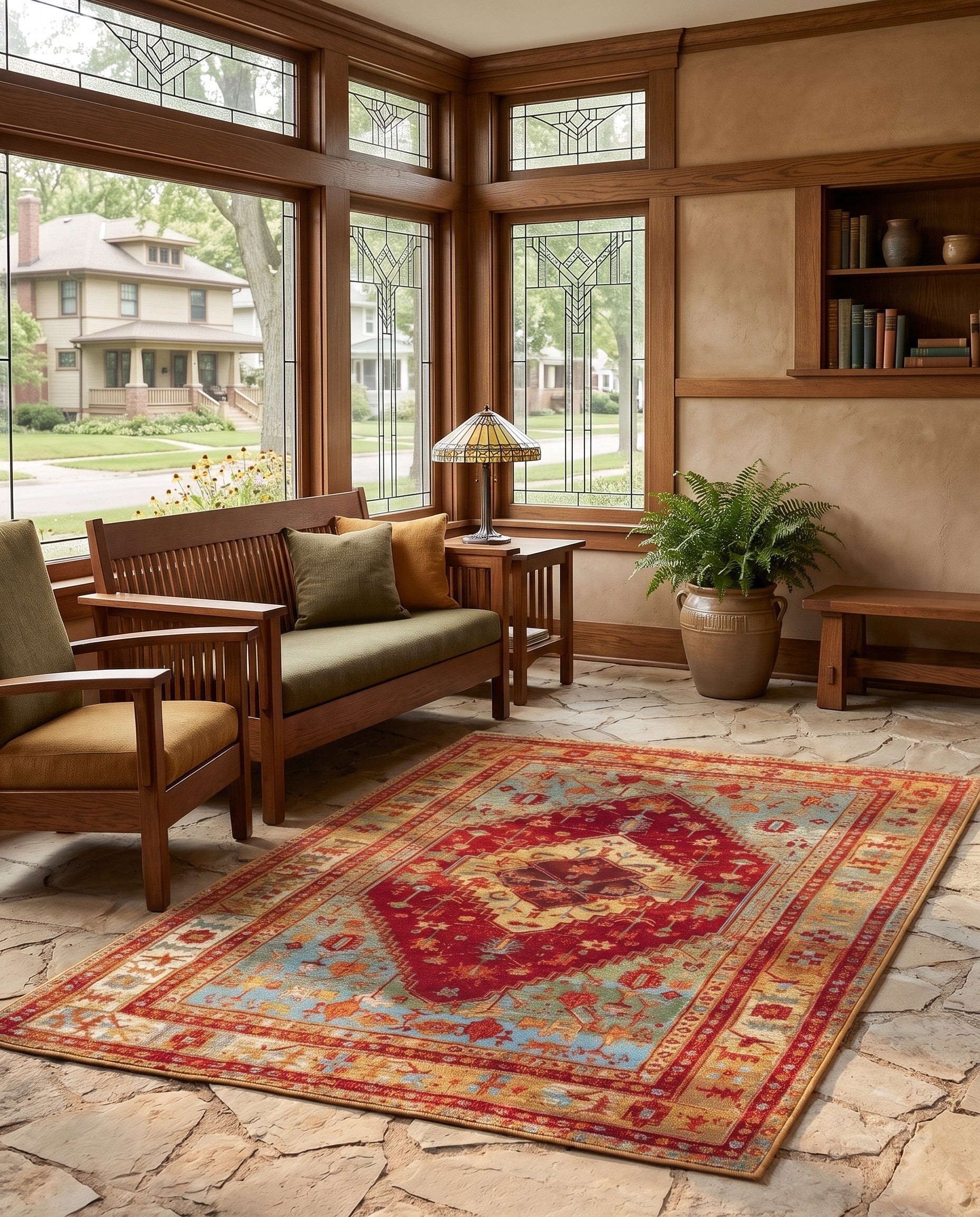Red Green Blue Easy-Clean Traditional Indoor / Outdoor Rug