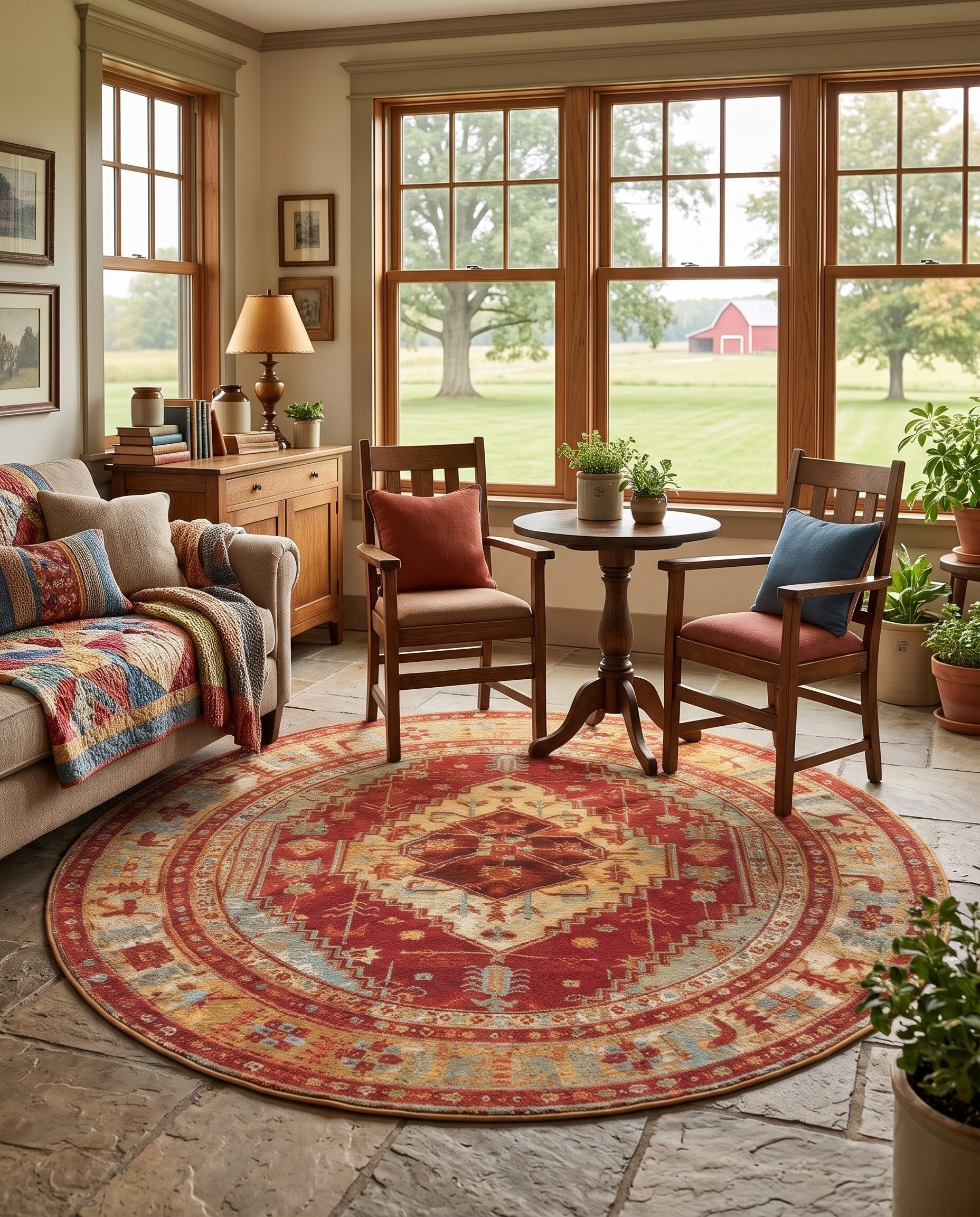 Red Green Blue Easy-Clean Traditional Indoor / Outdoor Round Rug