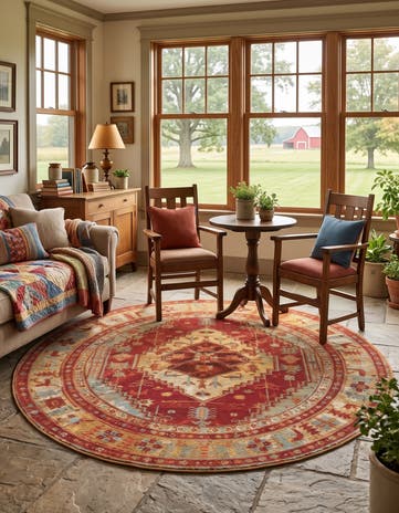 Red Green Blue Easy-Clean Traditional Indoor / Outdoor Round Rug