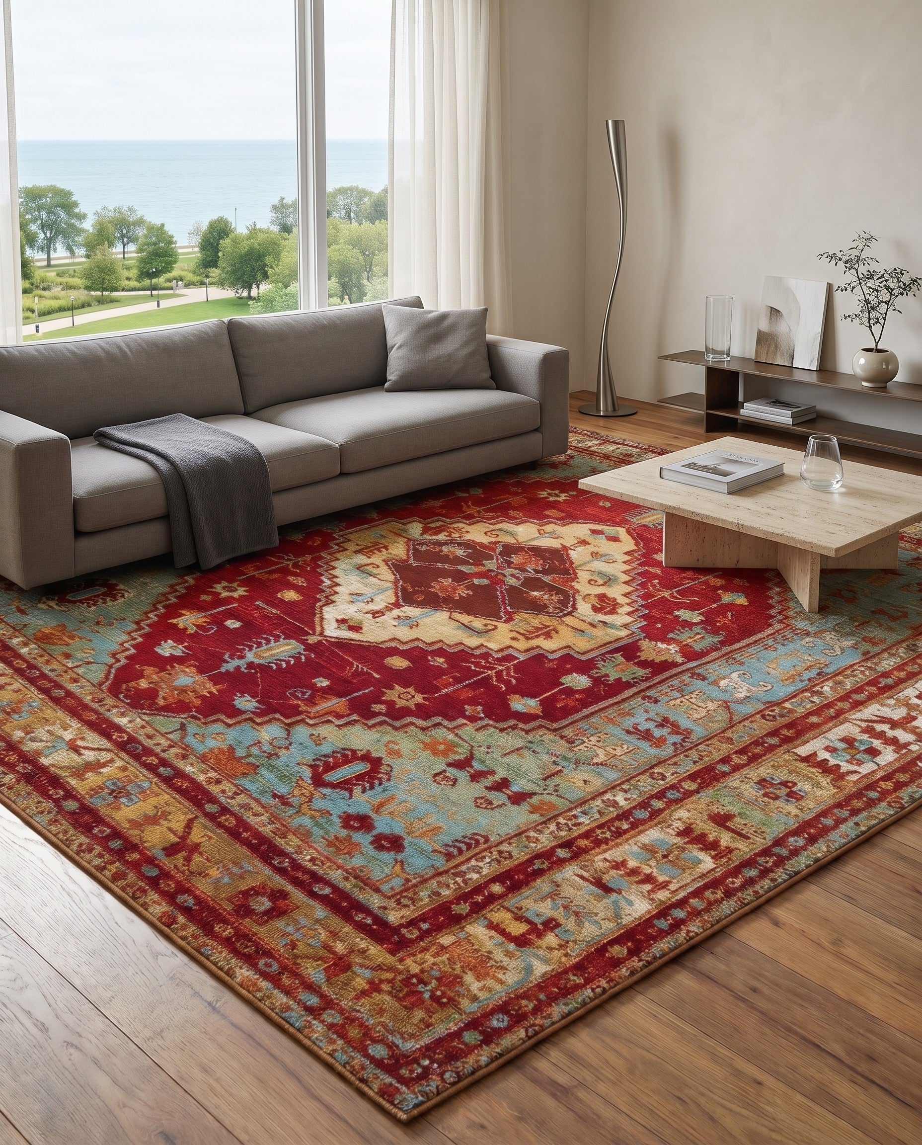 7' 10 x 7' 10 Easy-Clean Traditional Indoor / Outdoor Square Rug