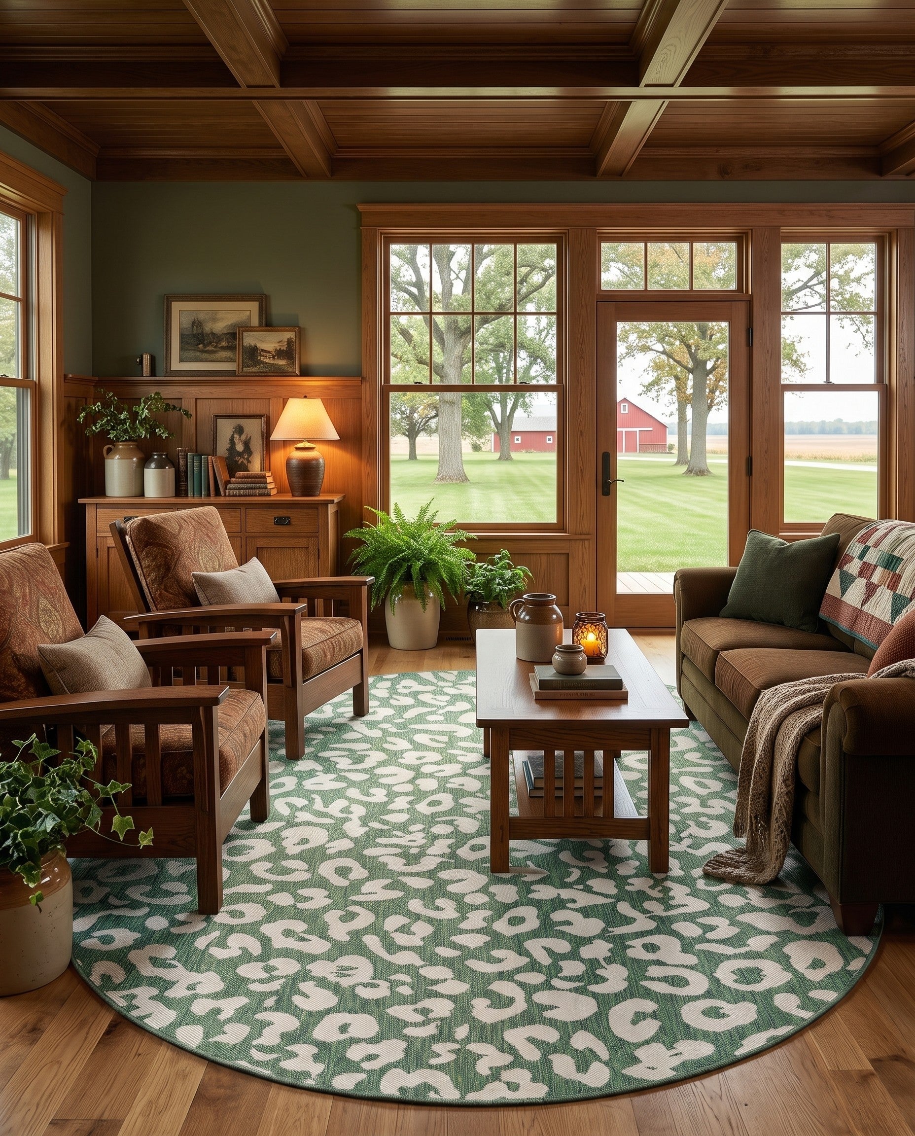 Blue and Green Easy-Clean Safari Indoor / Outdoor Oval Rug