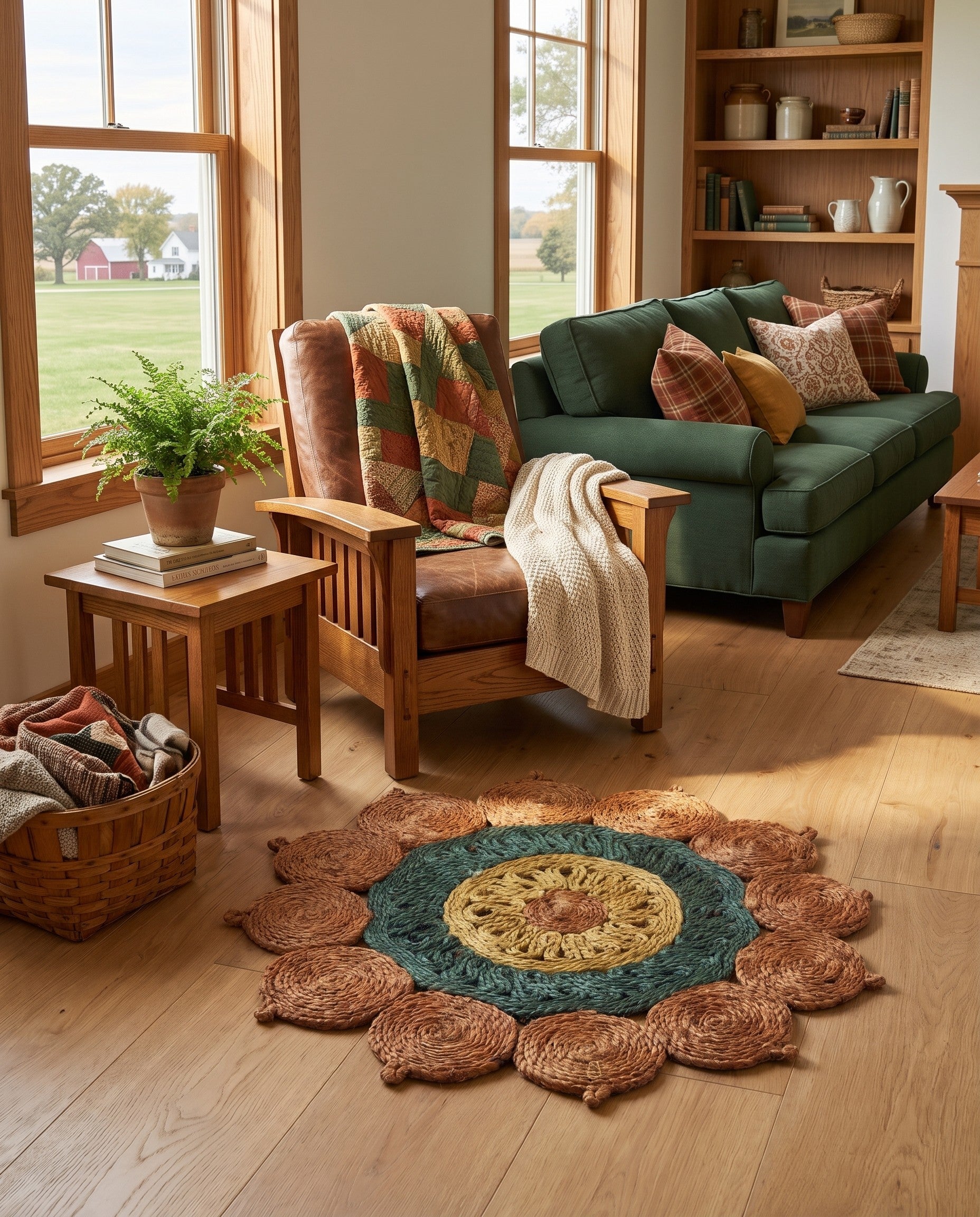 Orange Green Yellow Handmade Braided Jute Round Rug