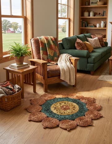 Orange Green Yellow Handmade Braided Jute Round Rug