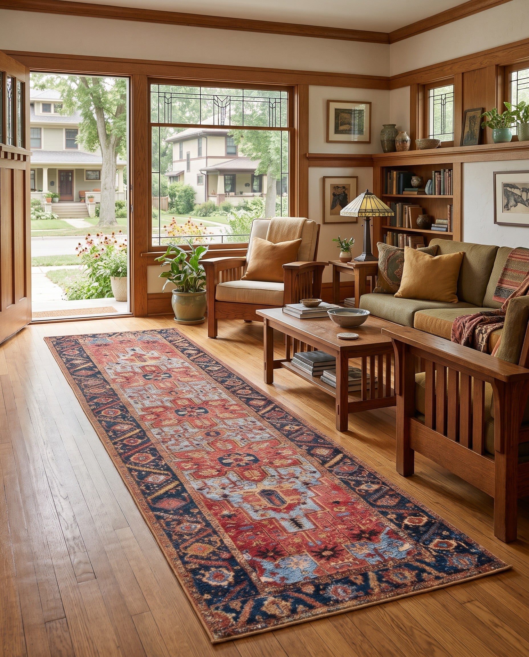 Blue and Rust Red Easy-Clean Traditional Indoor / Outdoor Runner Rug