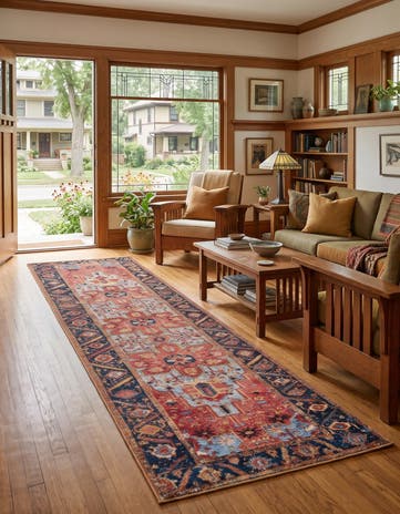 Blue and Rust Red Easy-Clean Traditional Indoor / Outdoor Runner Rug