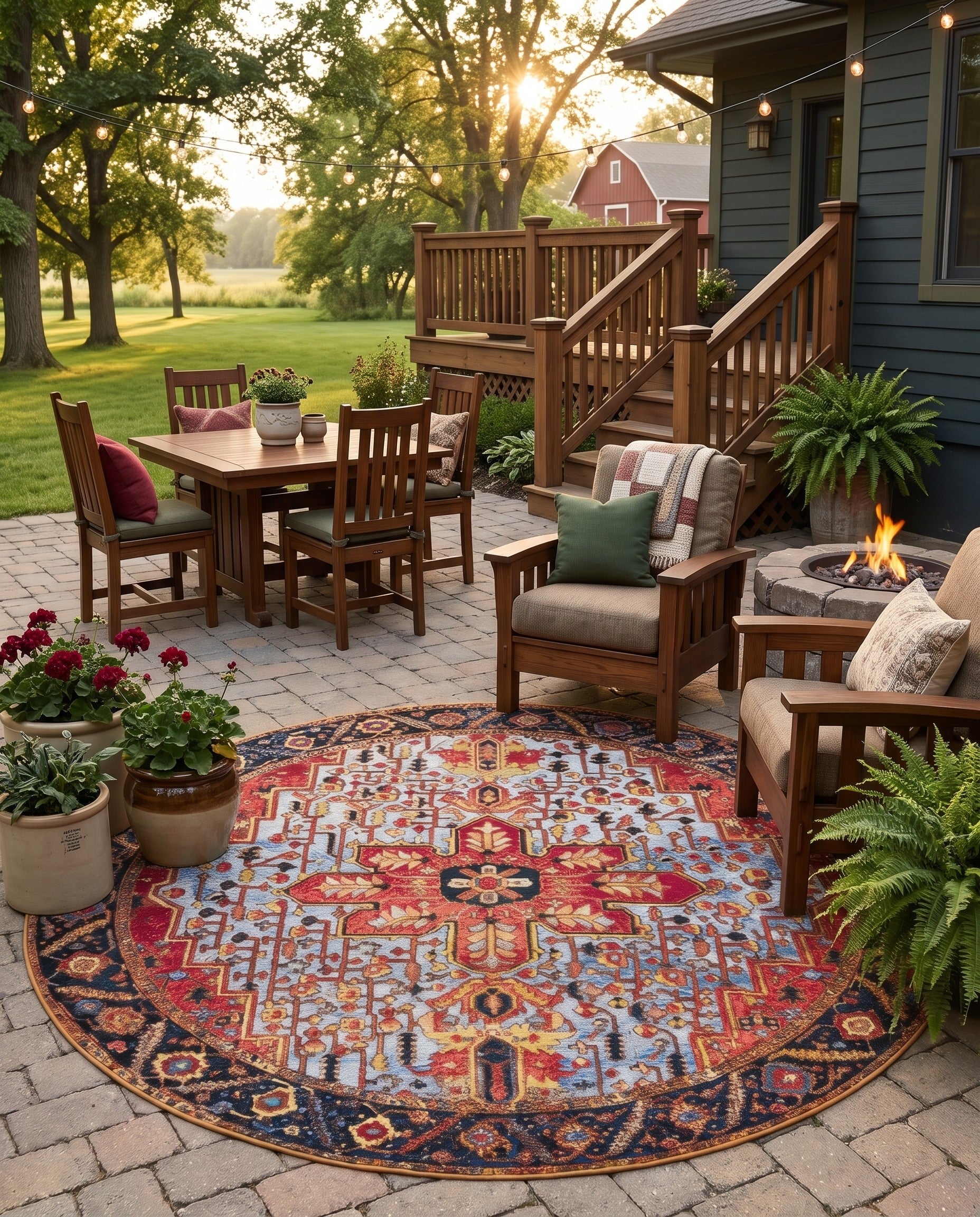 Blue and Rust Red Easy-Clean Traditional Indoor / Outdoor Round Rug