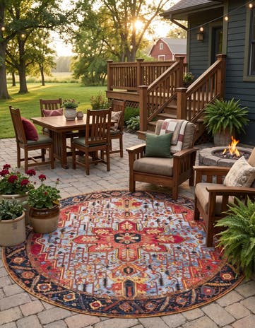 Blue and Rust Red Easy-Clean Traditional Indoor / Outdoor Round Rug