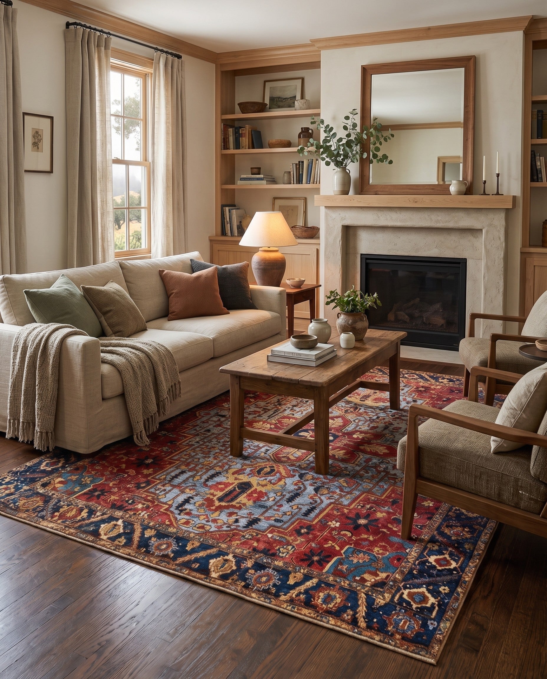 Blue and Rust Red Easy-Clean Traditional Indoor / Outdoor Rug