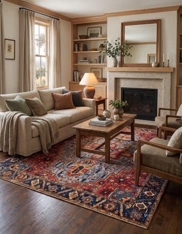 Blue and Rust Red Easy-Clean Traditional Indoor / Outdoor Rug