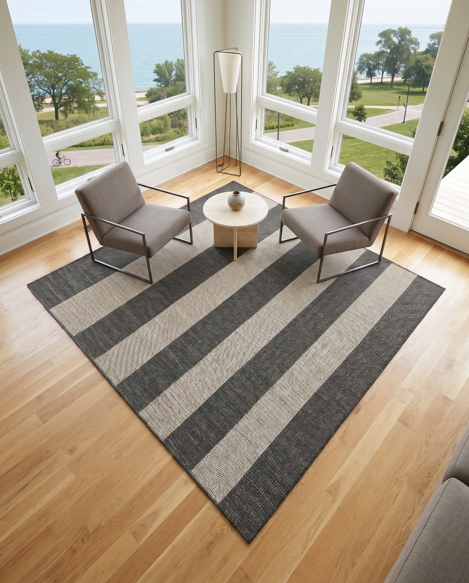 Charcoal Gray Easy-Clean Ribbon Indoor / Outdoor Square Rug