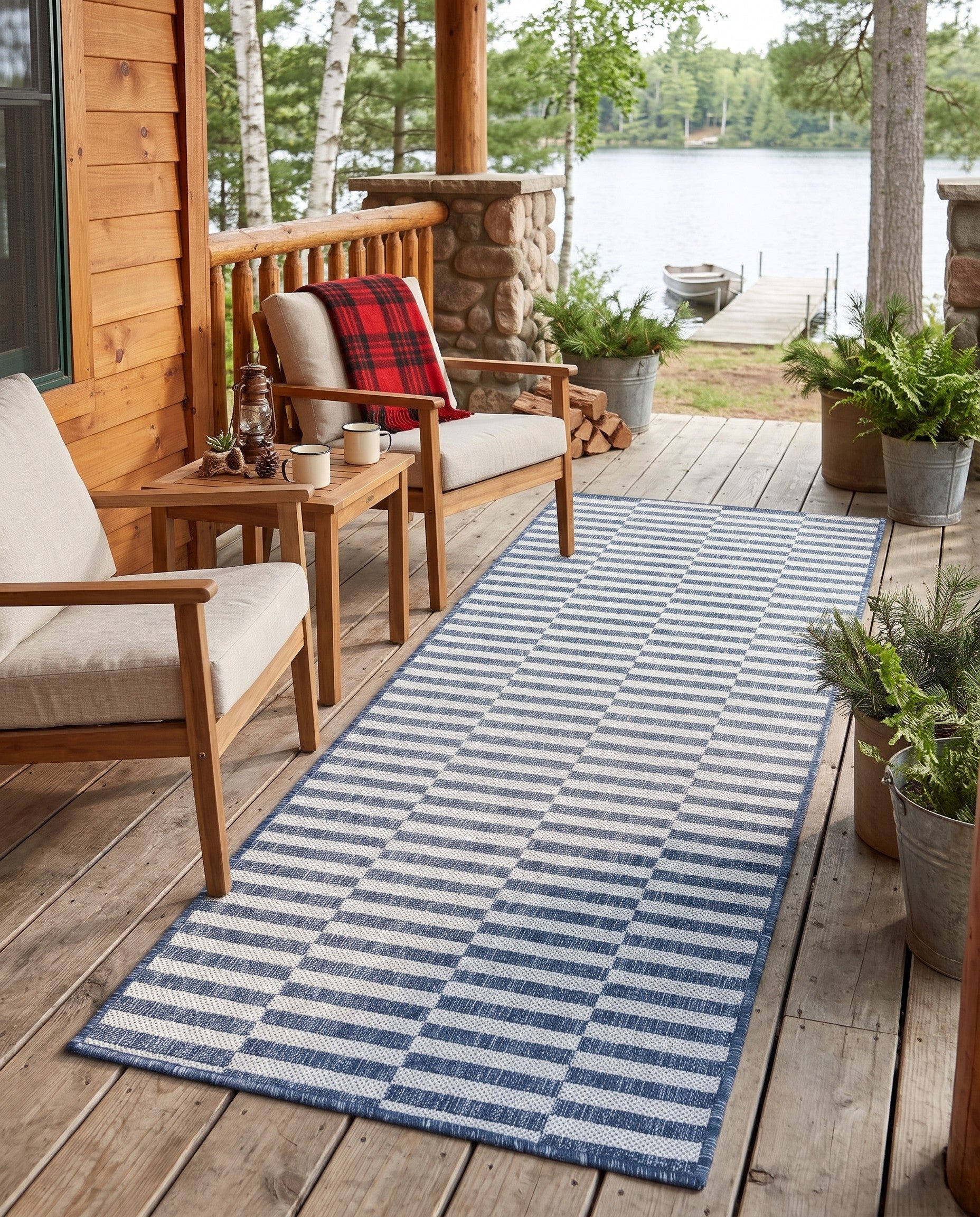 Blue Easy-Clean Ribbon Indoor / Outdoor Runner Rug