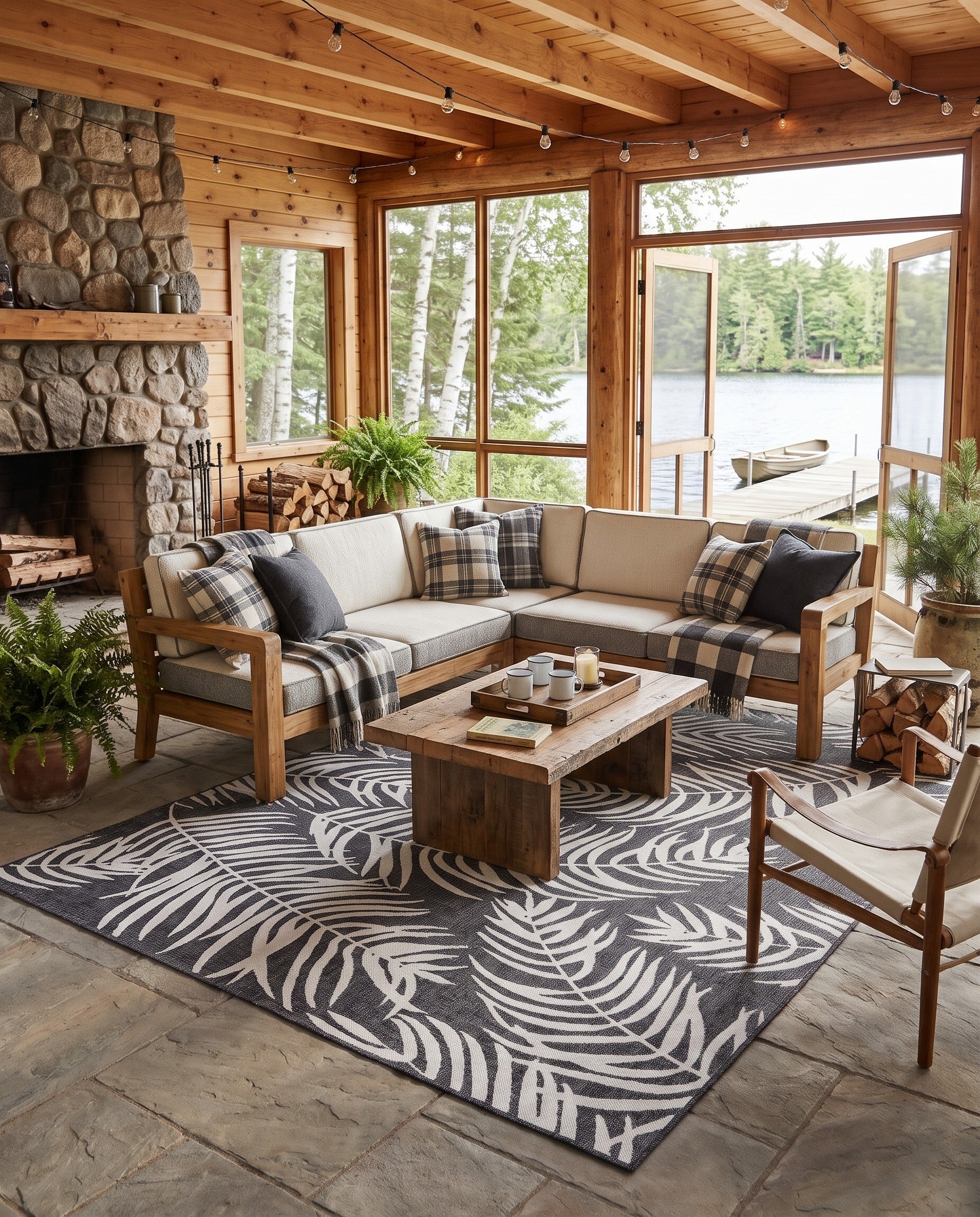 Charcoal Gray Easy-Clean Botanical Indoor / Outdoor Rug