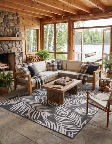 Charcoal Gray Easy-Clean Botanical Indoor / Outdoor Rug