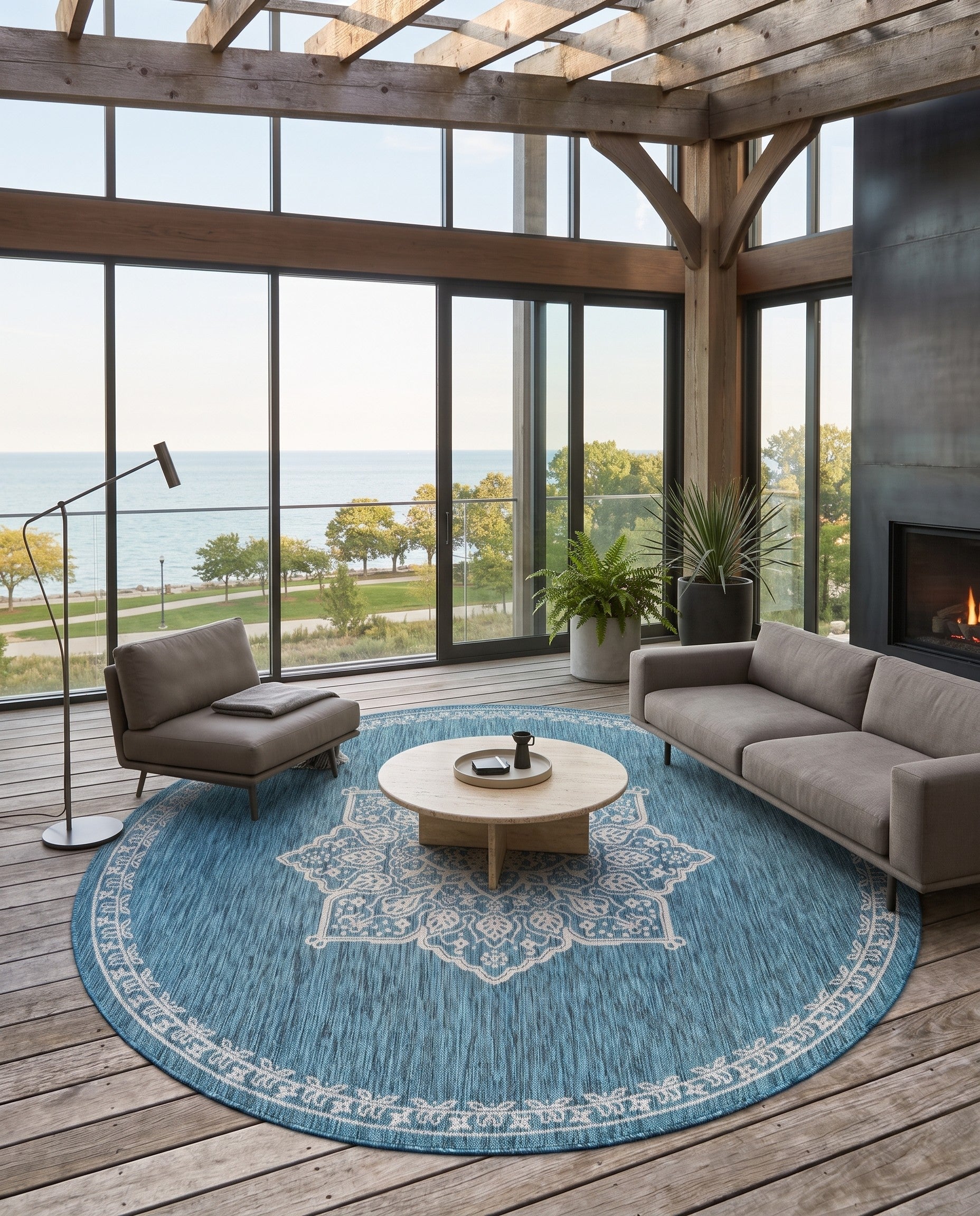 Teal Easy-Clean Traditional Indoor / Outdoor Round Rug