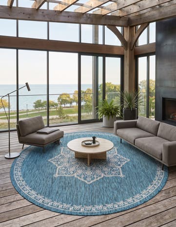 Teal Easy-Clean Traditional Indoor / Outdoor Round Rug