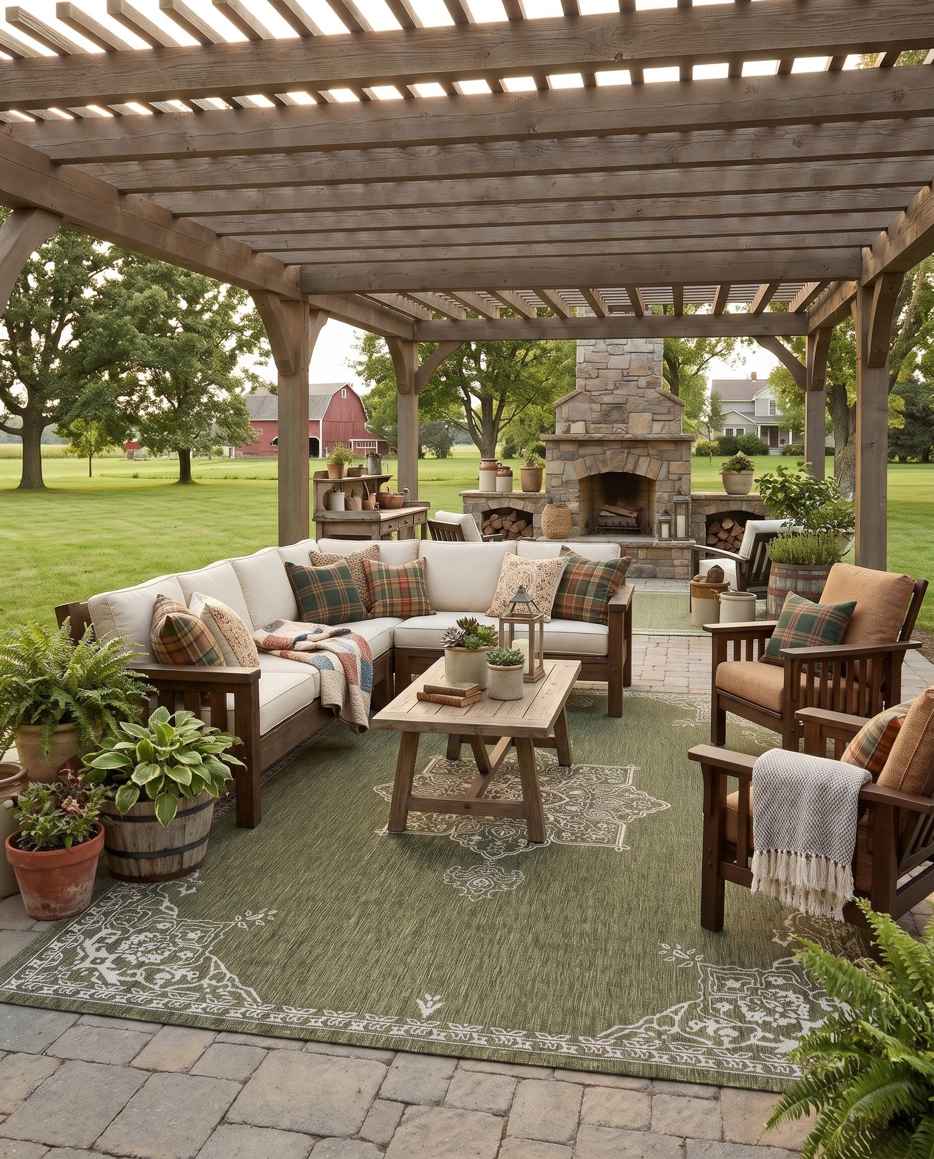 Green Easy-Clean Traditional Indoor / Outdoor Rug