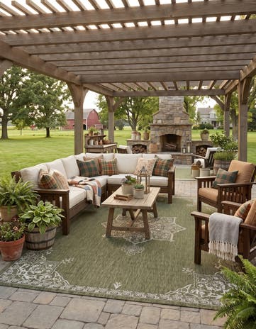 Green Easy-Clean Traditional Indoor / Outdoor Rug