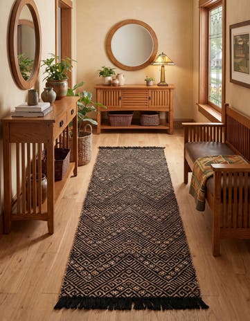 Black and Natural Handmade Braided Jute Runner Rug