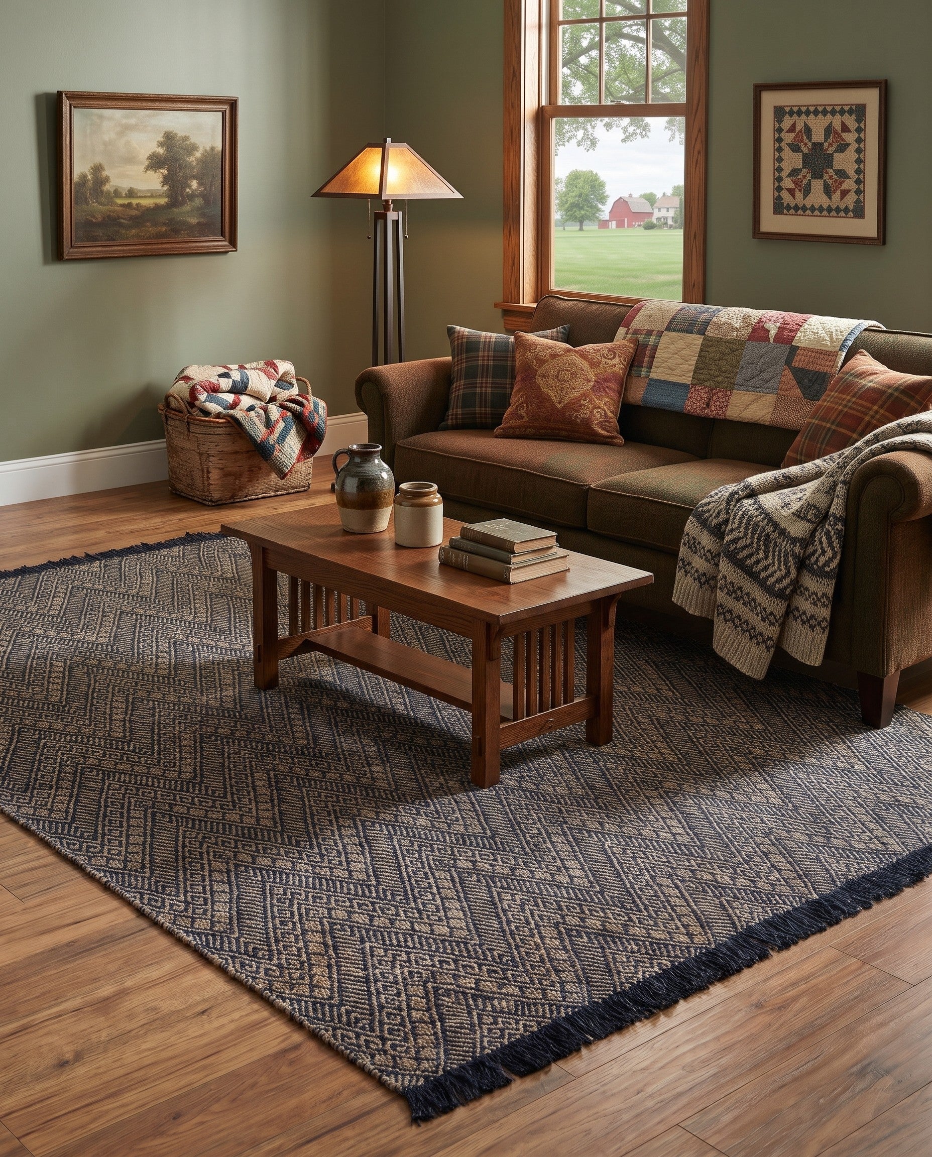 Navy Blue and White Handmade Braided Jute Rug