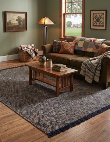 Navy Blue and White Handmade Braided Jute Rug