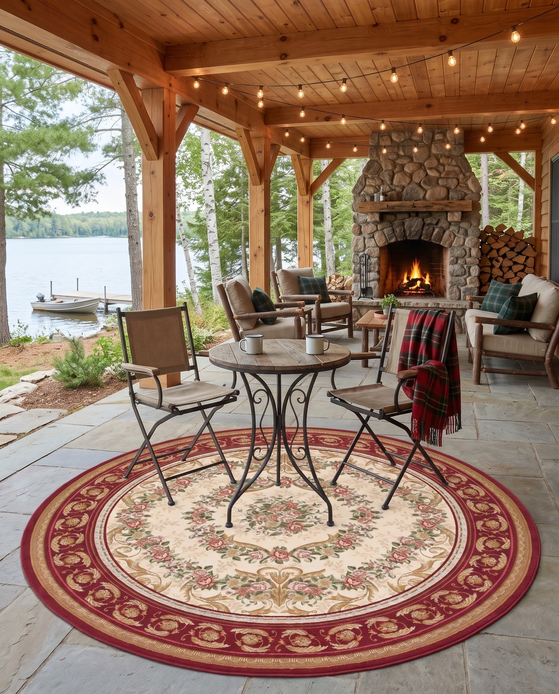 Burgundy and Ivory Easy-Clean Traditional Indoor / Outdoor Round Rug