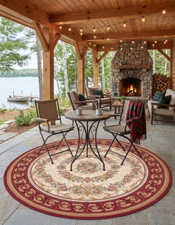 Burgundy and Ivory Easy-Clean Traditional Indoor / Outdoor Round Rug