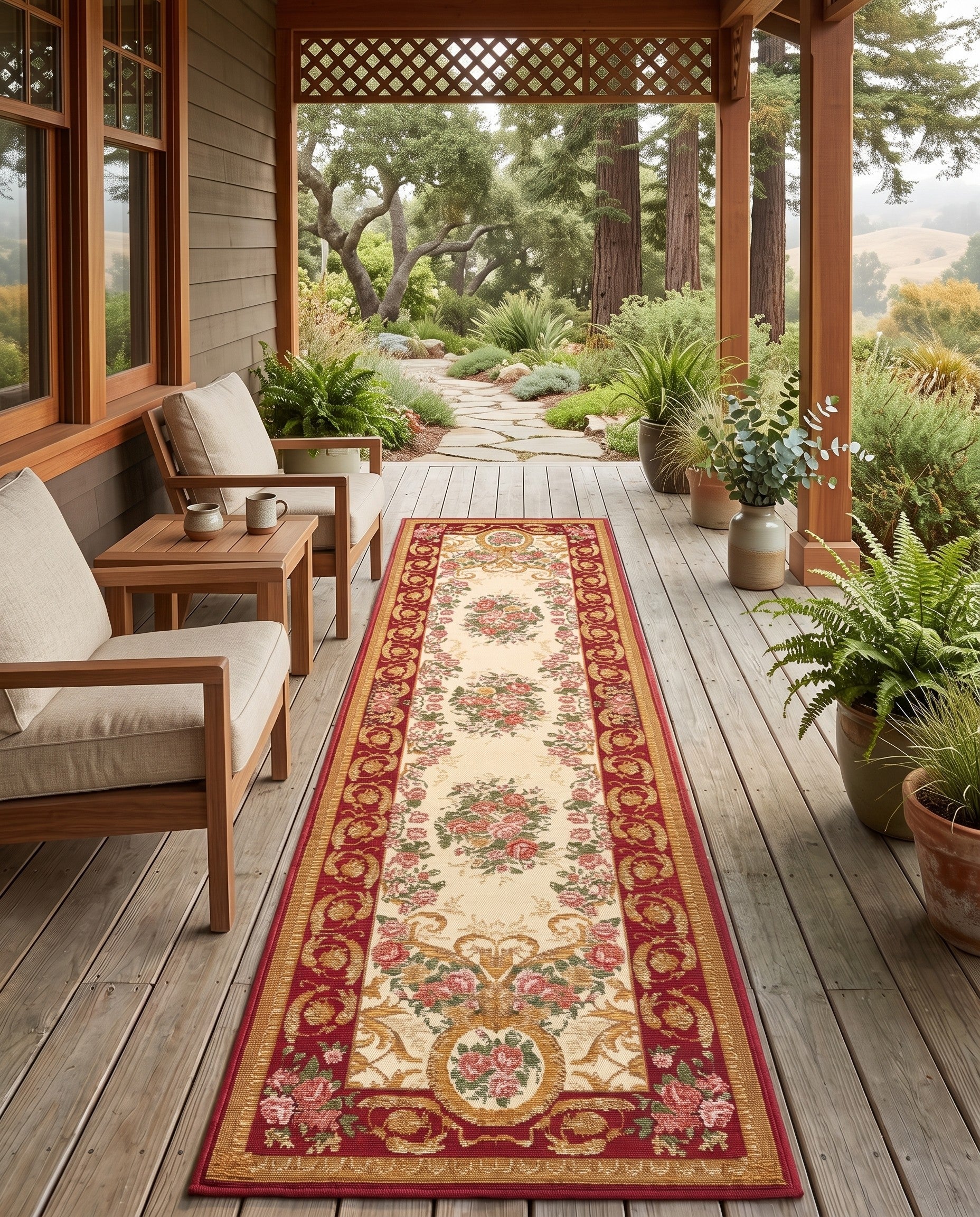 Burgundy and Ivory Easy-Clean Traditional Indoor / Outdoor Runner Rug