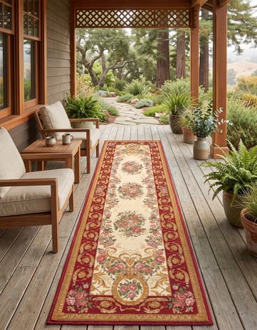 Burgundy and Ivory Easy-Clean Traditional Indoor / Outdoor Runner Rug