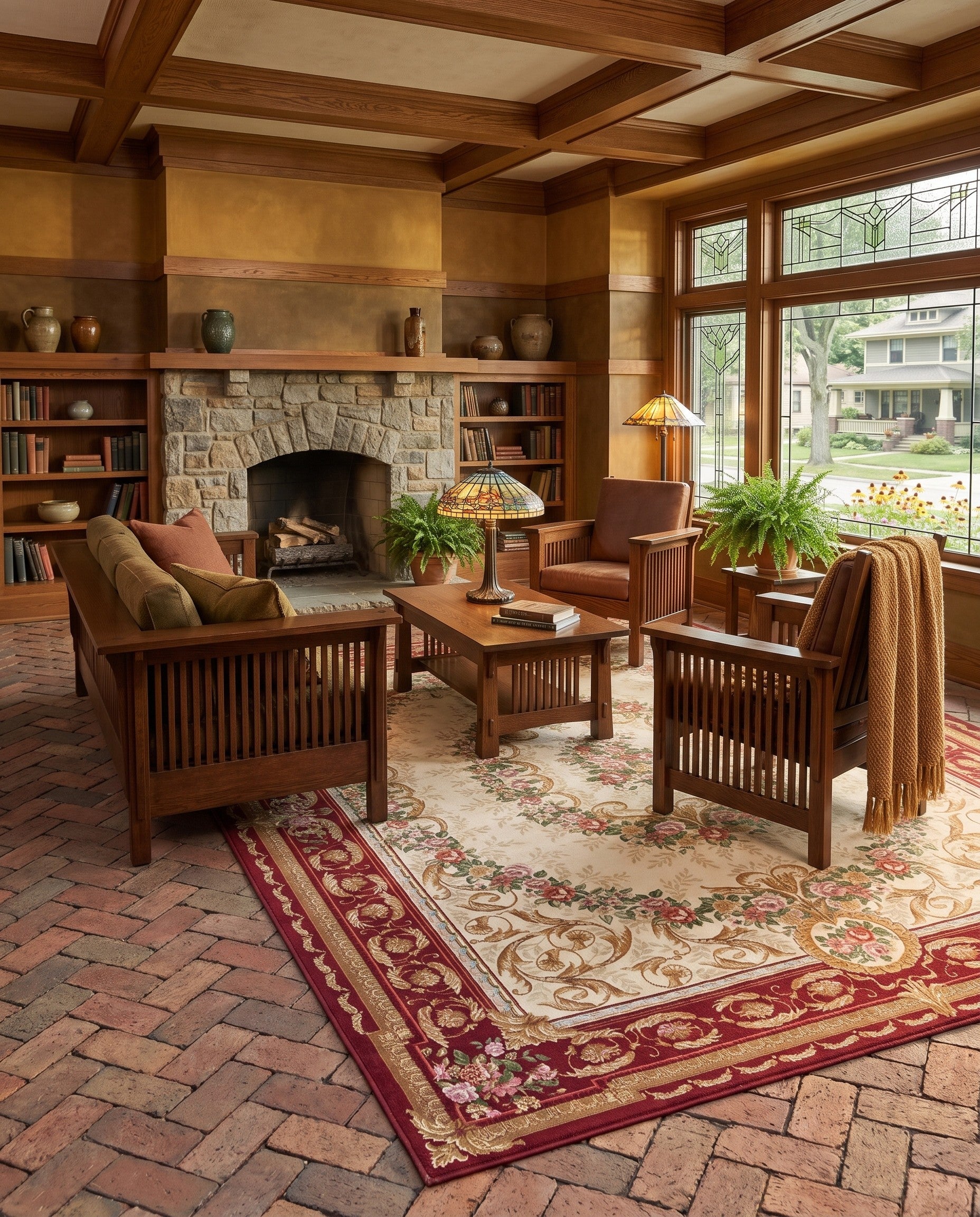 Burgundy and Ivory Easy-Clean Traditional Indoor / Outdoor Rug