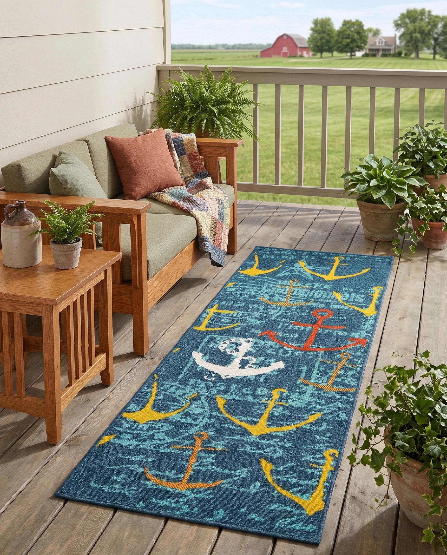 Navy Blue Easy-Clean Coastal Indoor / Outdoor Runner Rug