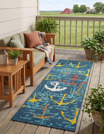Navy Blue Easy-Clean Coastal Indoor / Outdoor Runner Rug