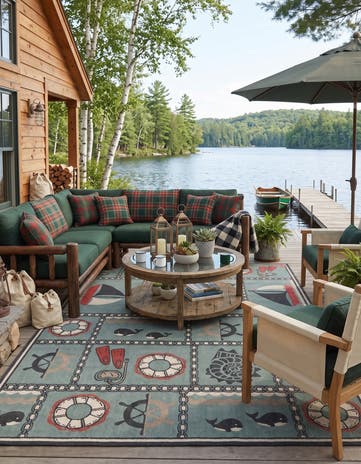 Blue Easy-Clean Coastal Indoor / Outdoor Rug